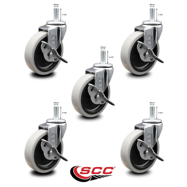 4 Inch Thermoplastic Wheel 10mm Threaded Stem Caster Set with Brakes SCC, 5PK
